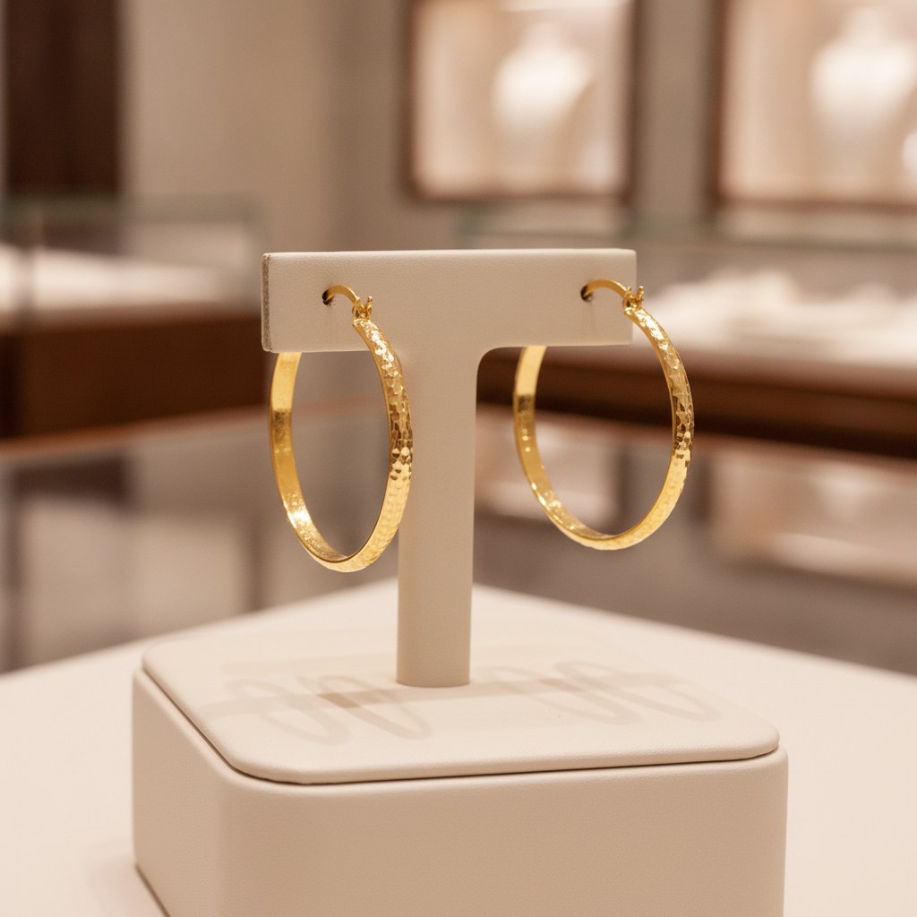 GER76. 14K Gold Diamond Cut Hollow Hoop Earrings
