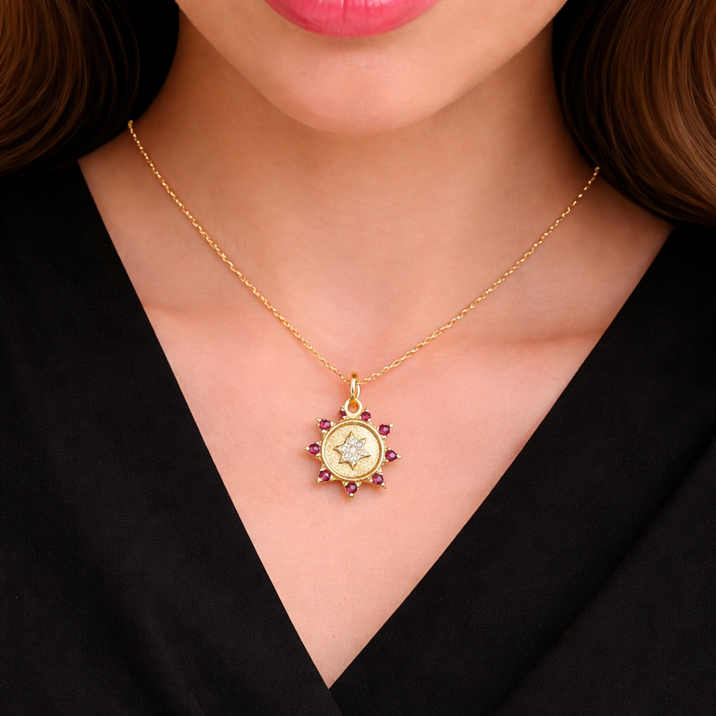 GDP442. 14K Solid Gold Diamond Circle Charm with Star