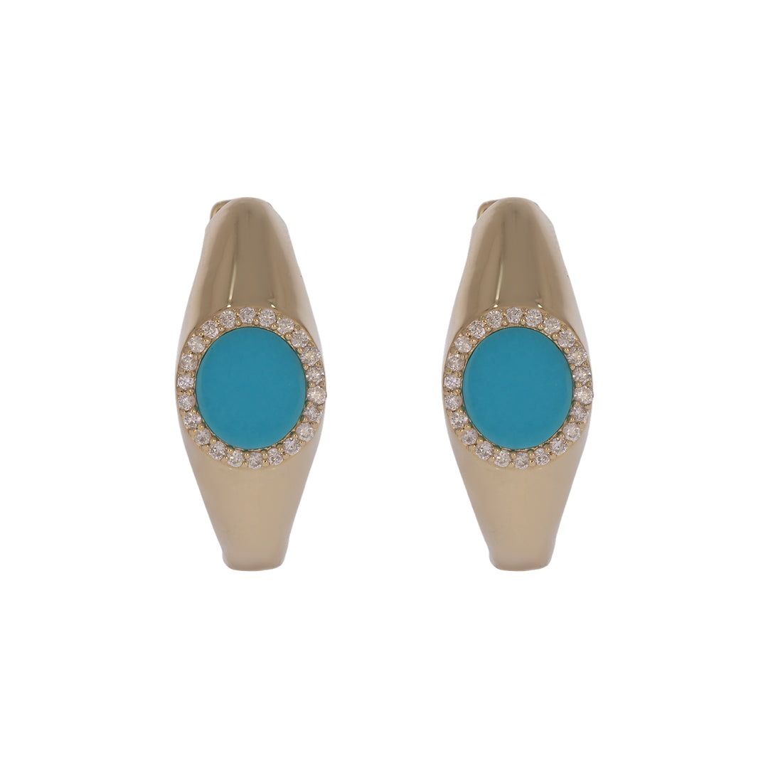 DER04116TQ. 14K Solid Gold Turquoise and Diamond Hoops