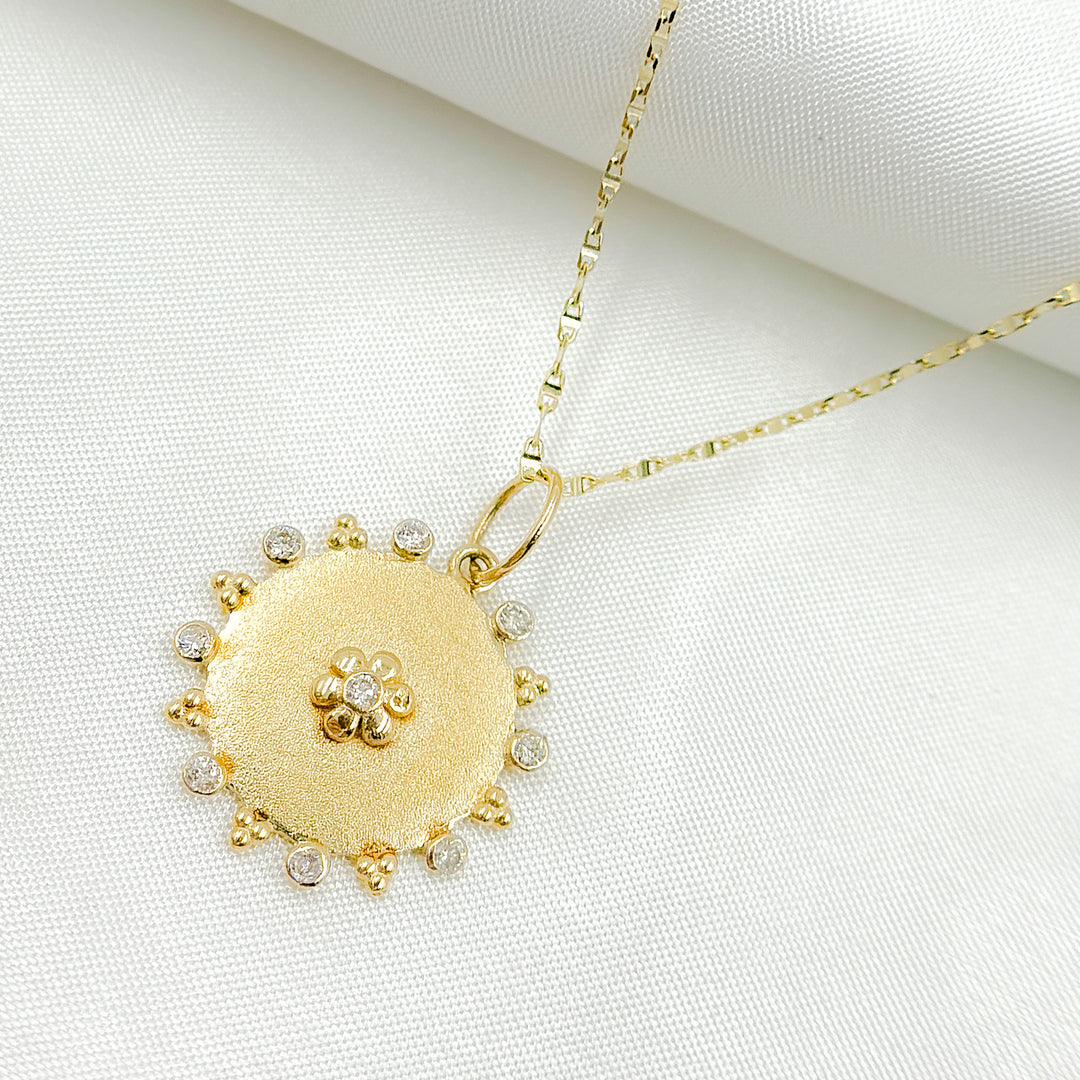 14K Solid Gold Circle Charm with Flower in the Center in Diamond and Gemstones. GDP525