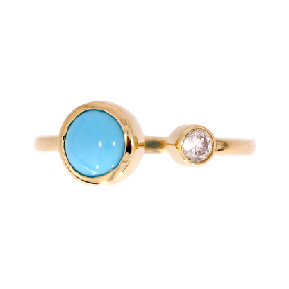 14k Solid Gold Round Turquoise and Diamond Ring