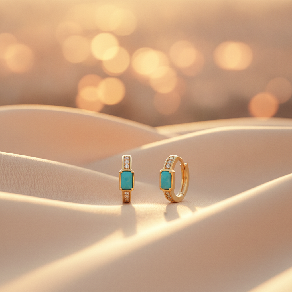 CE97352TQ5X3. 18K Solid Gold Diamond & Turquoise Earrings