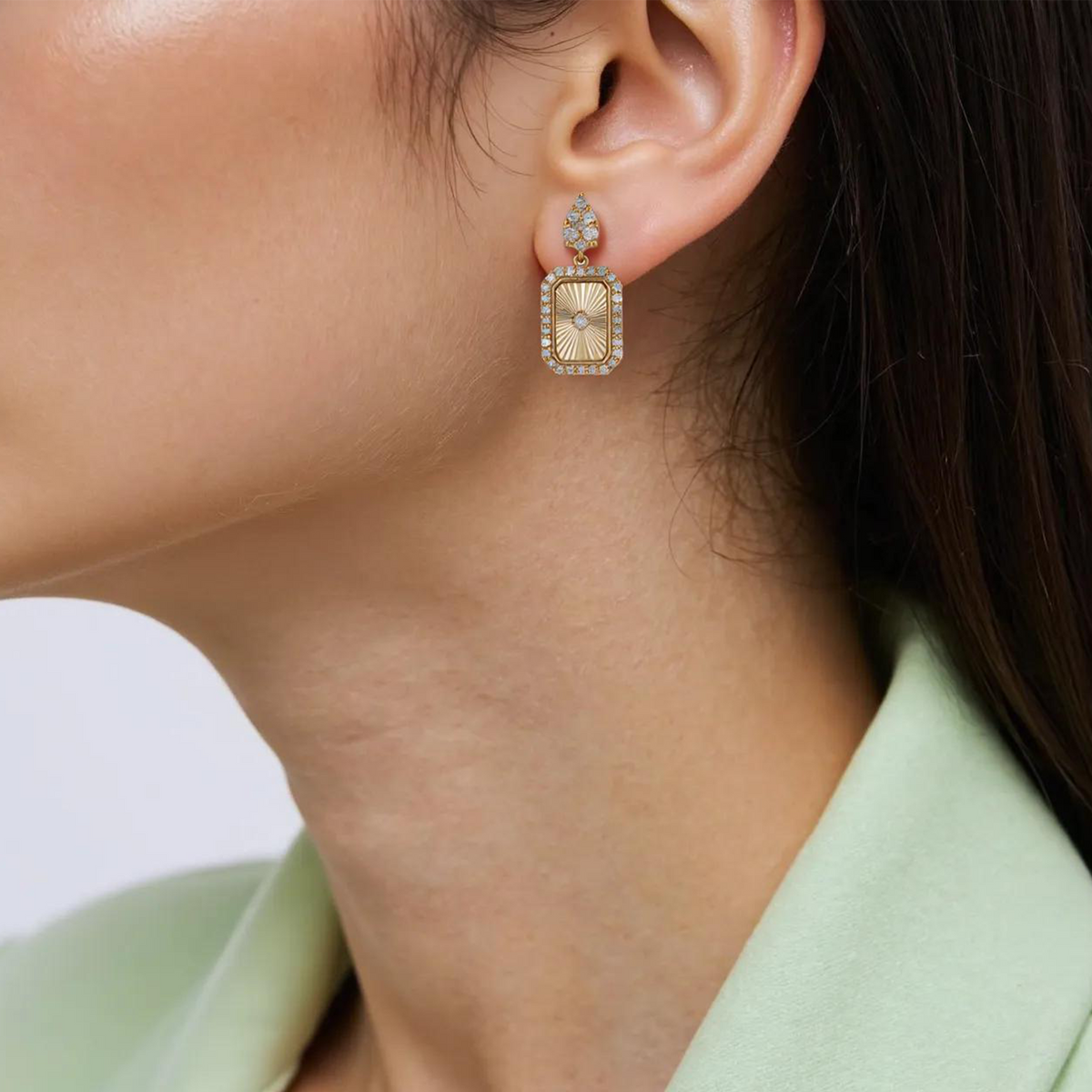 14K Solid Gold and Diamonds Rectangular Dangle Earrings