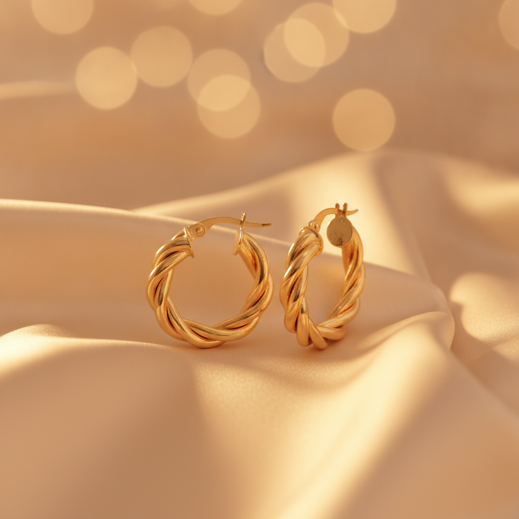 15850004969. 14K Solid Gold Fancy Twisted Hollow Hoop Earrings