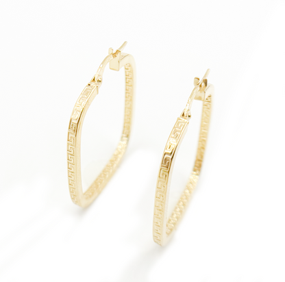14K Solid Gold Textured Square Hollow Hoop Earrings