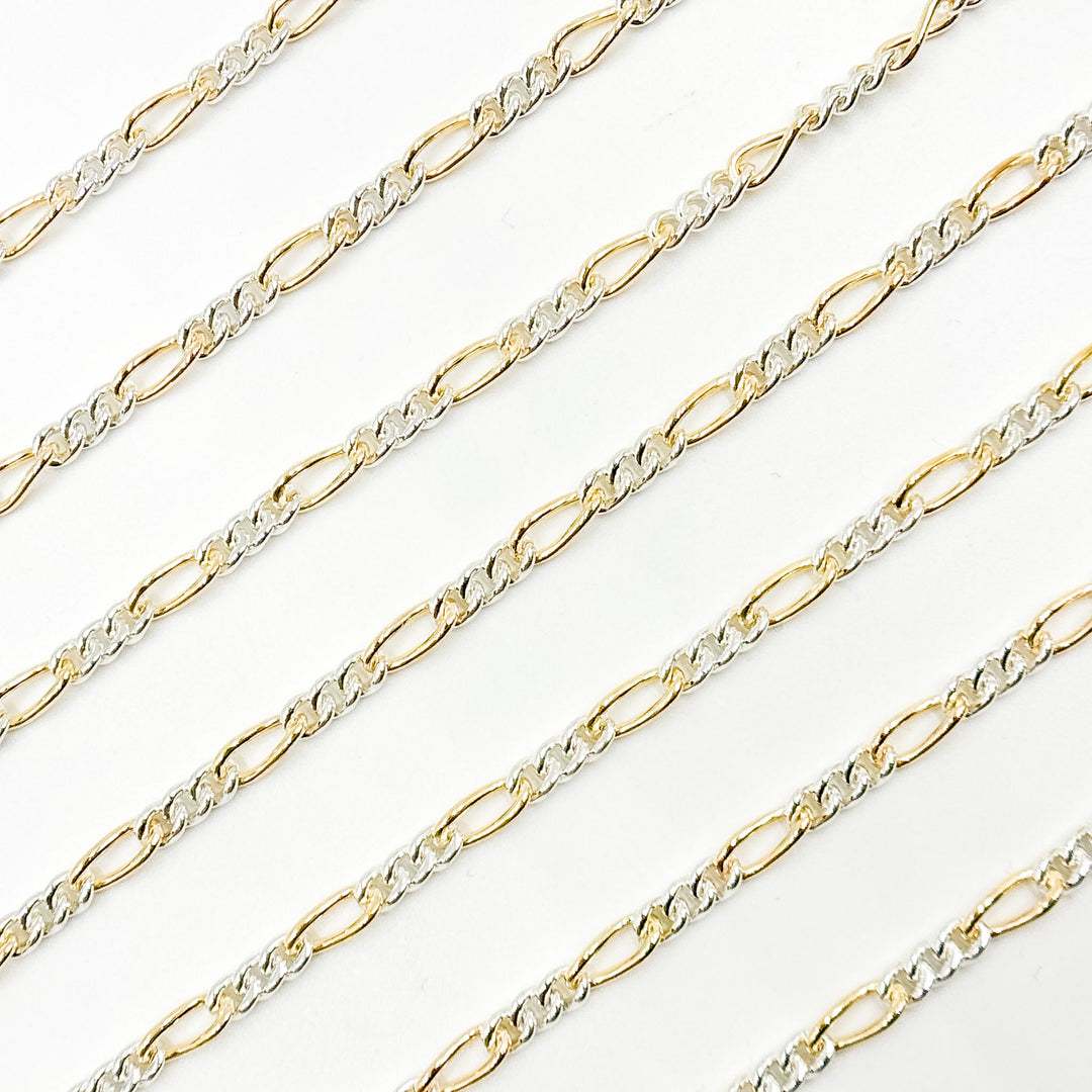 XM/3831C. 14K Gold Filled & Sterling Silver Figaro Link Chain – Long Gold, Short Silver Pattern