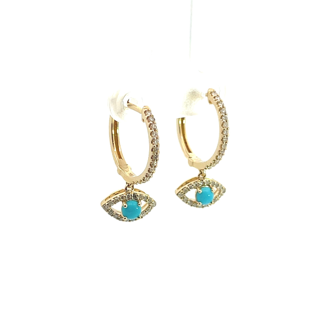 14k Solid Gold Diamond & Turquoise Eye Hoops. EHG56978TQY