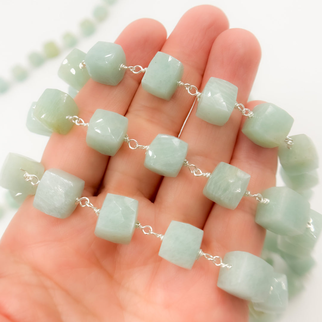 AMZ26. Amazonite Cube Faceted Sterling Silver Wire Chain