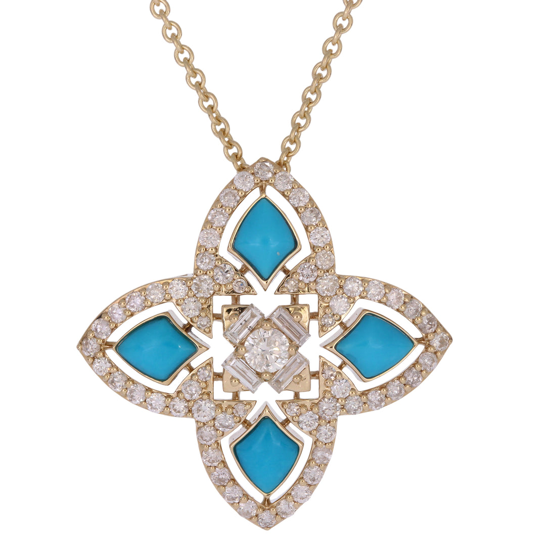 DPE00986TQ. 14K Solid Gold Diamond and Turquoise Flower Pendant