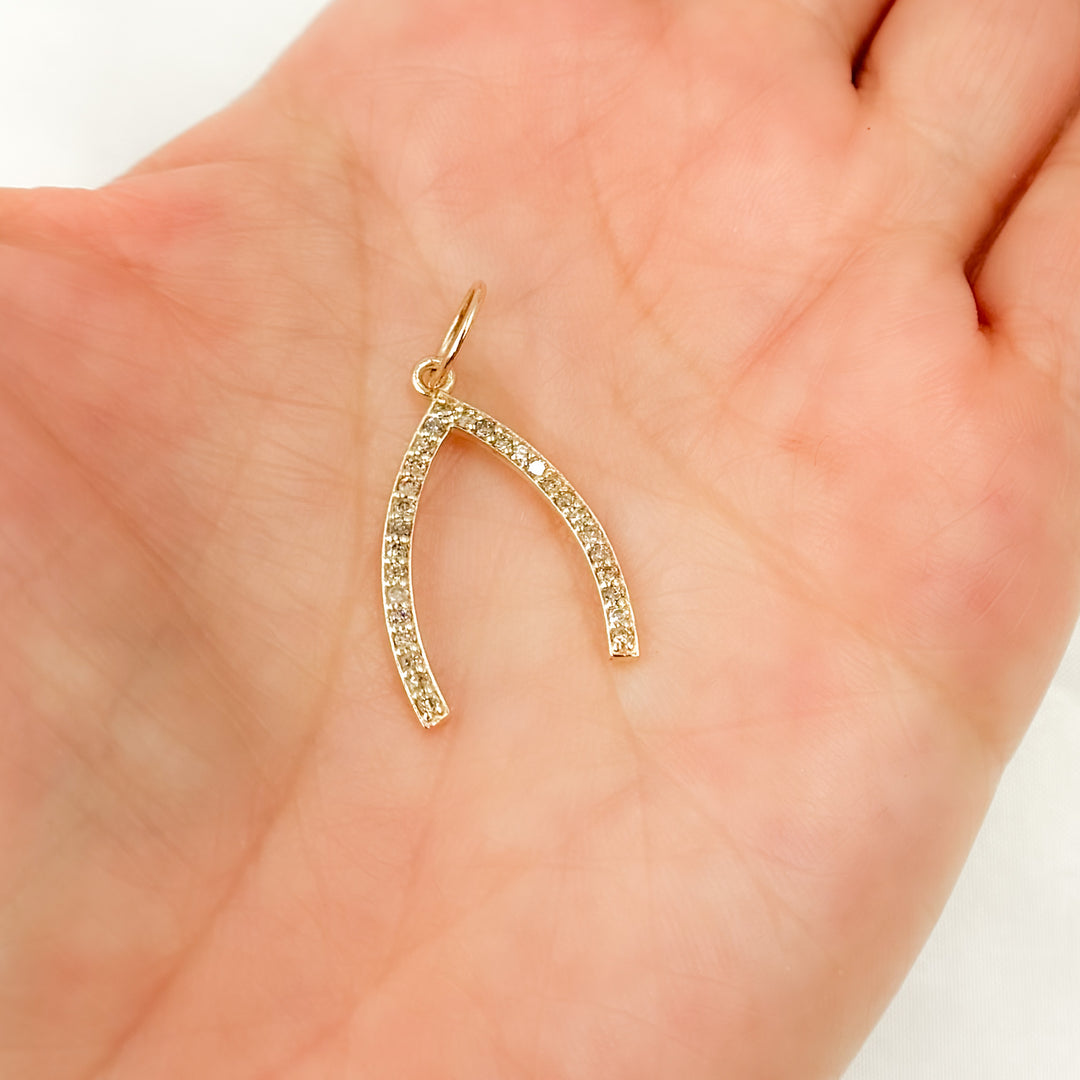 GDP08. 14K Solid Gold Diamond Wishbone Charm