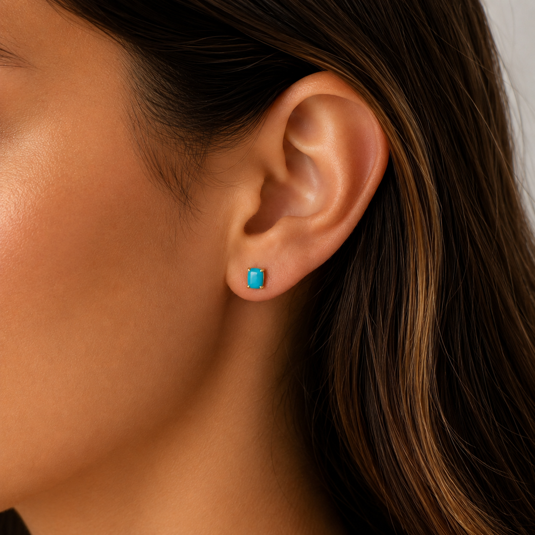 CE97159TQ6X4. 14K Solid Yellow Gold Turquoise Rectangle Stud Earring