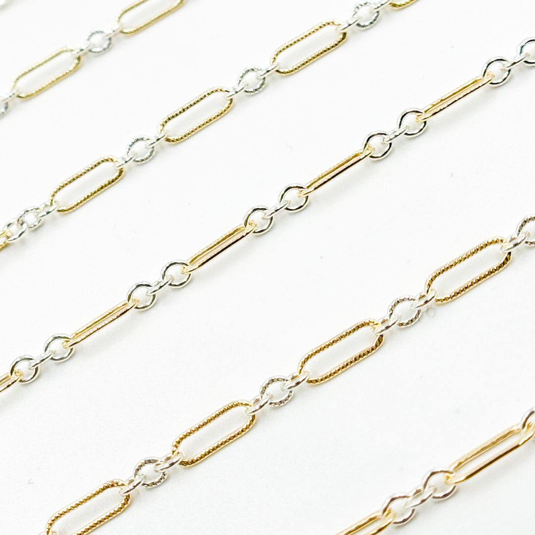 XM/1931K/SP. 14K Gold Filled and Sterling Silver Knurled Link Chain – Long & Short Pattern