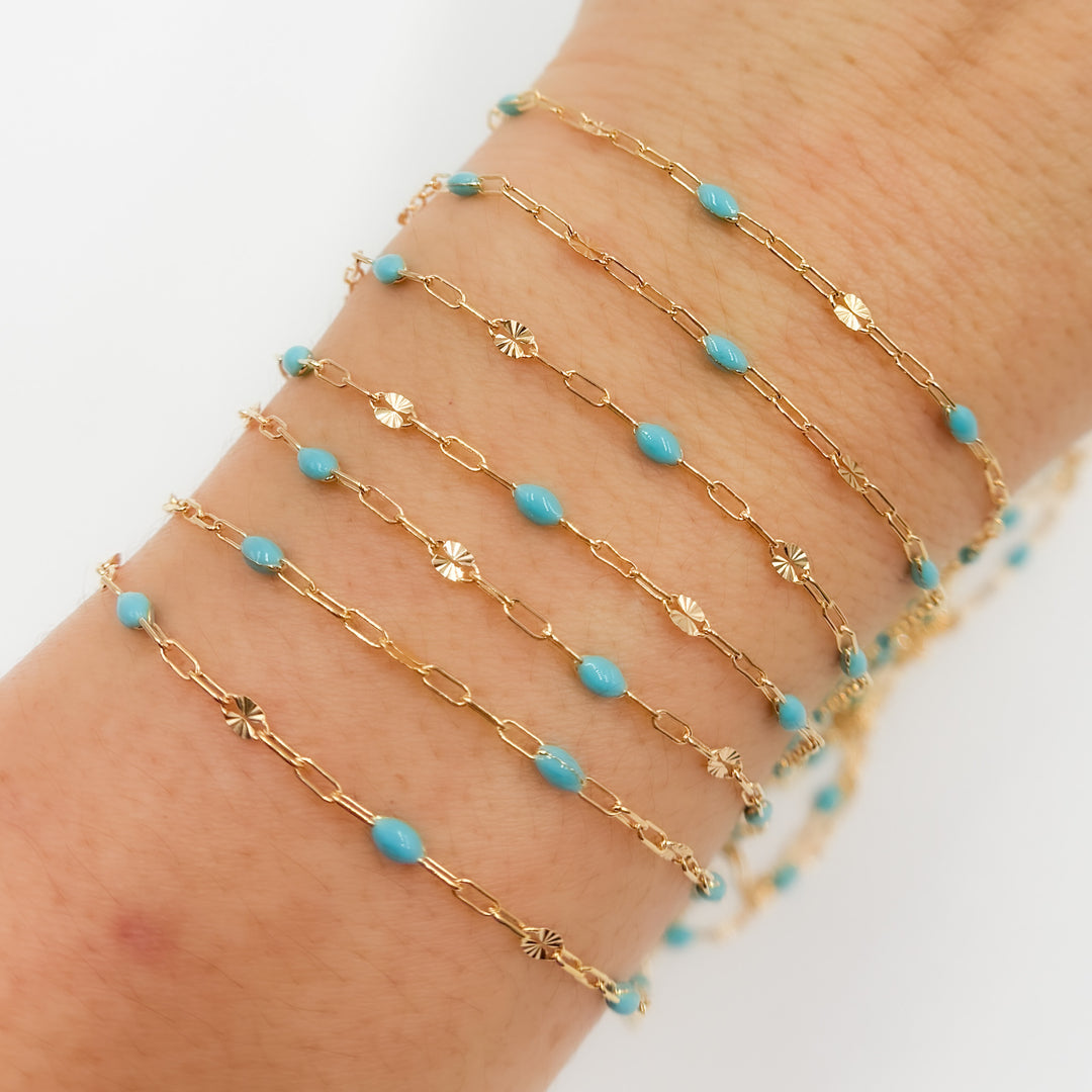 V295TURGF. 14K Gold Filled Turquoise Color Enamel with Paperclip and Diamond Cut Marina Links