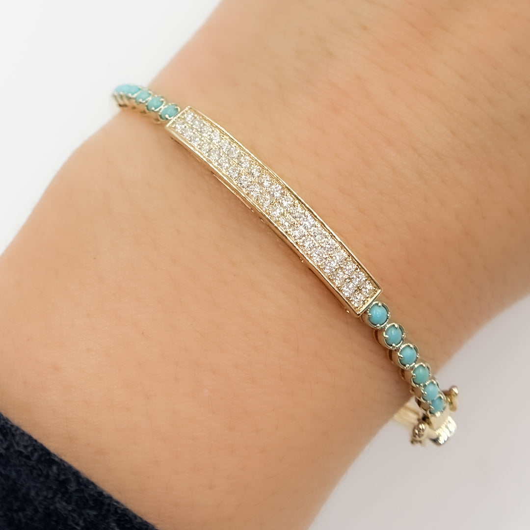 BNH68564TQ. 14K Solid Gold Diamond and Round Turquoise Bangle
