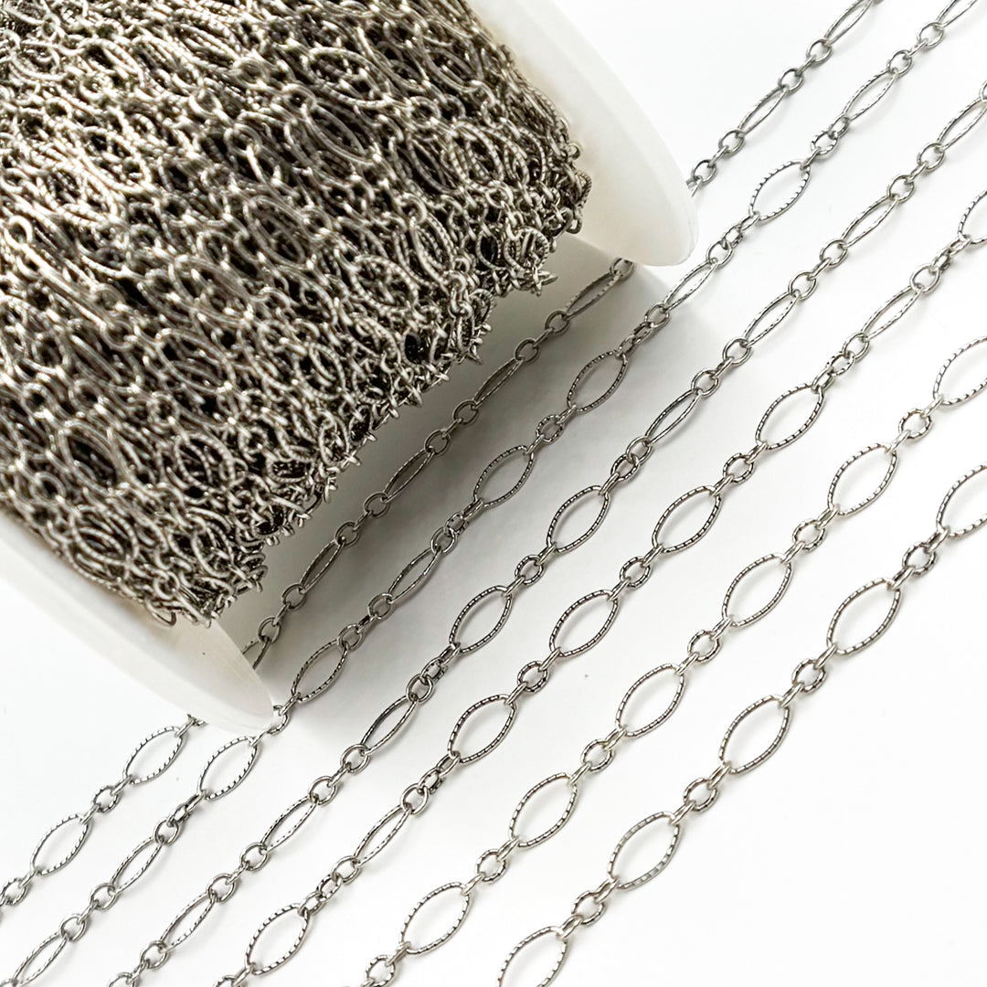 738TWOX. Oxidized Sterling Silver Hammered Oval and Smooth Round Links Chain