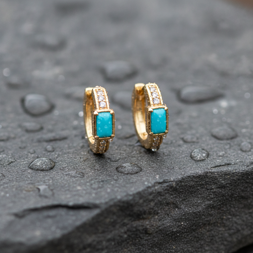 CE97352TQ5X3. 18K Solid Gold Diamond & Turquoise Earrings