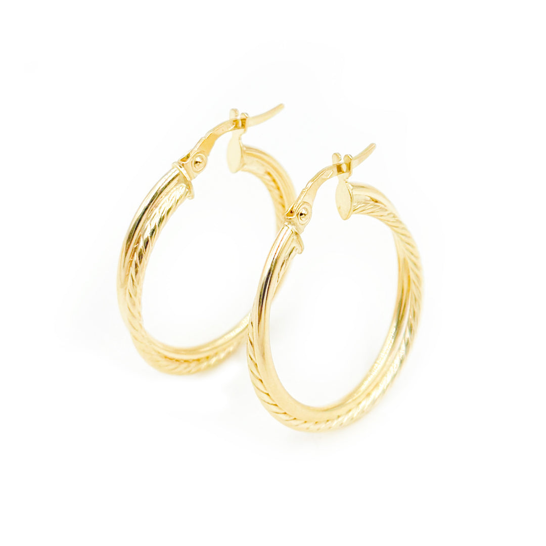 15850006724. 14K Solid Gold Smooth and Ribbed Hollow Double Hoop Earrings