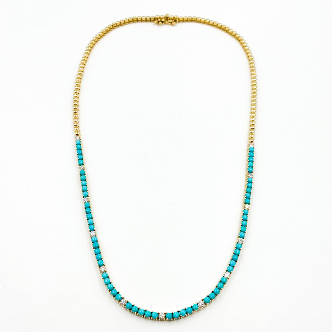 Gold Turquoise and Diamond Tennis Necklace
