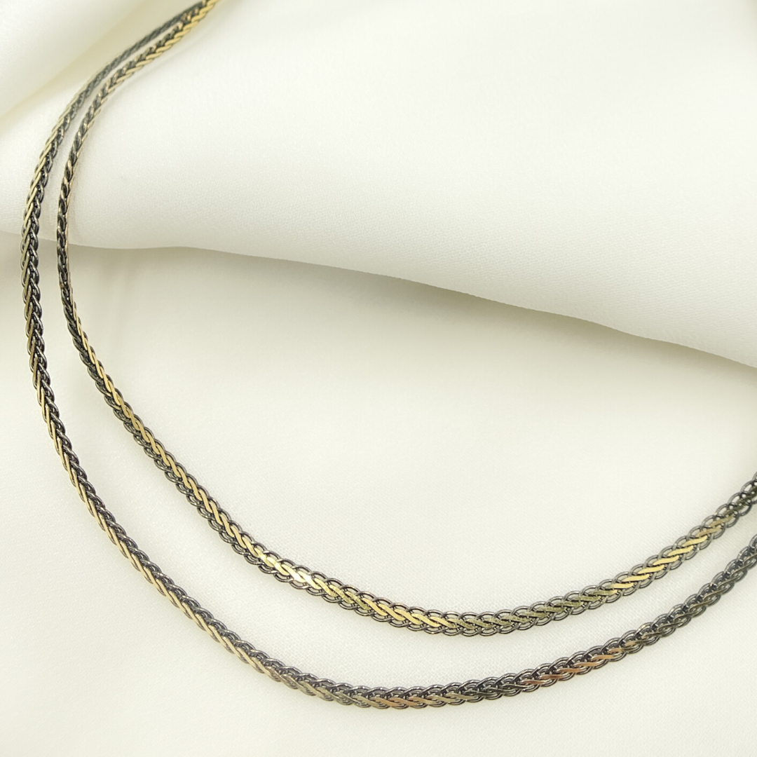 0502213GB. Black Rhodium Sterling Silver and Gold Plated Flat Wheat Necklace