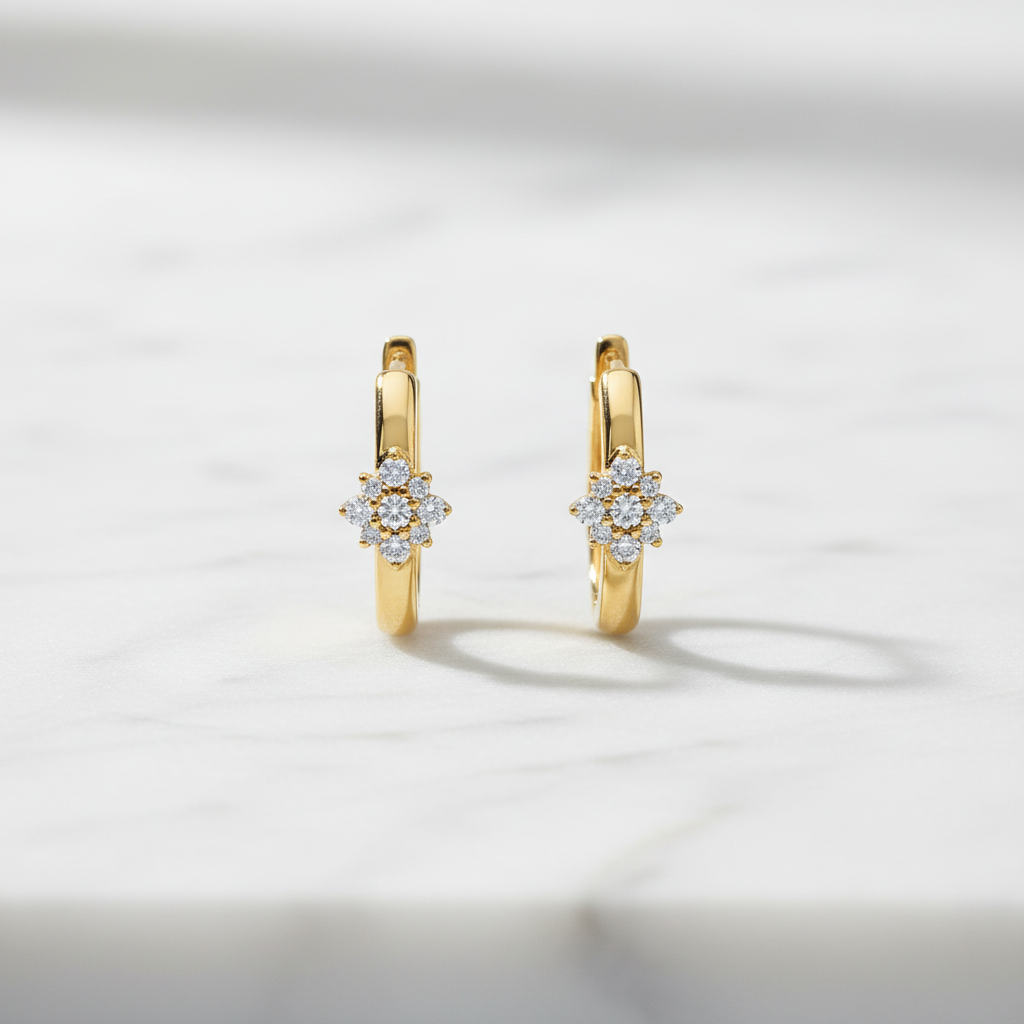 EHD57626. 14K Solid Yellow Gold Diamond Flower Huggie Hoop Earrings