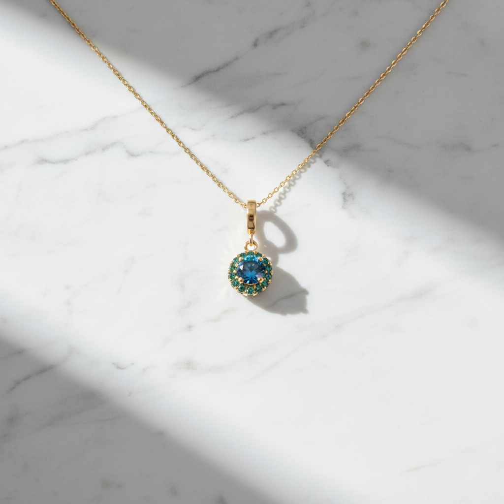 CMF00358B. 14K Solid Gold Blue Natural Diamond Round Charm