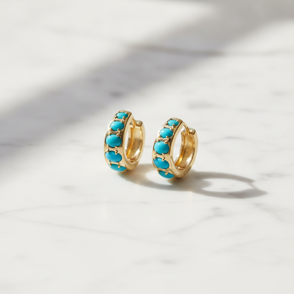 EHZ57740TQ. 14K Solid Gold Turquoise Huggies Hoop Earrings