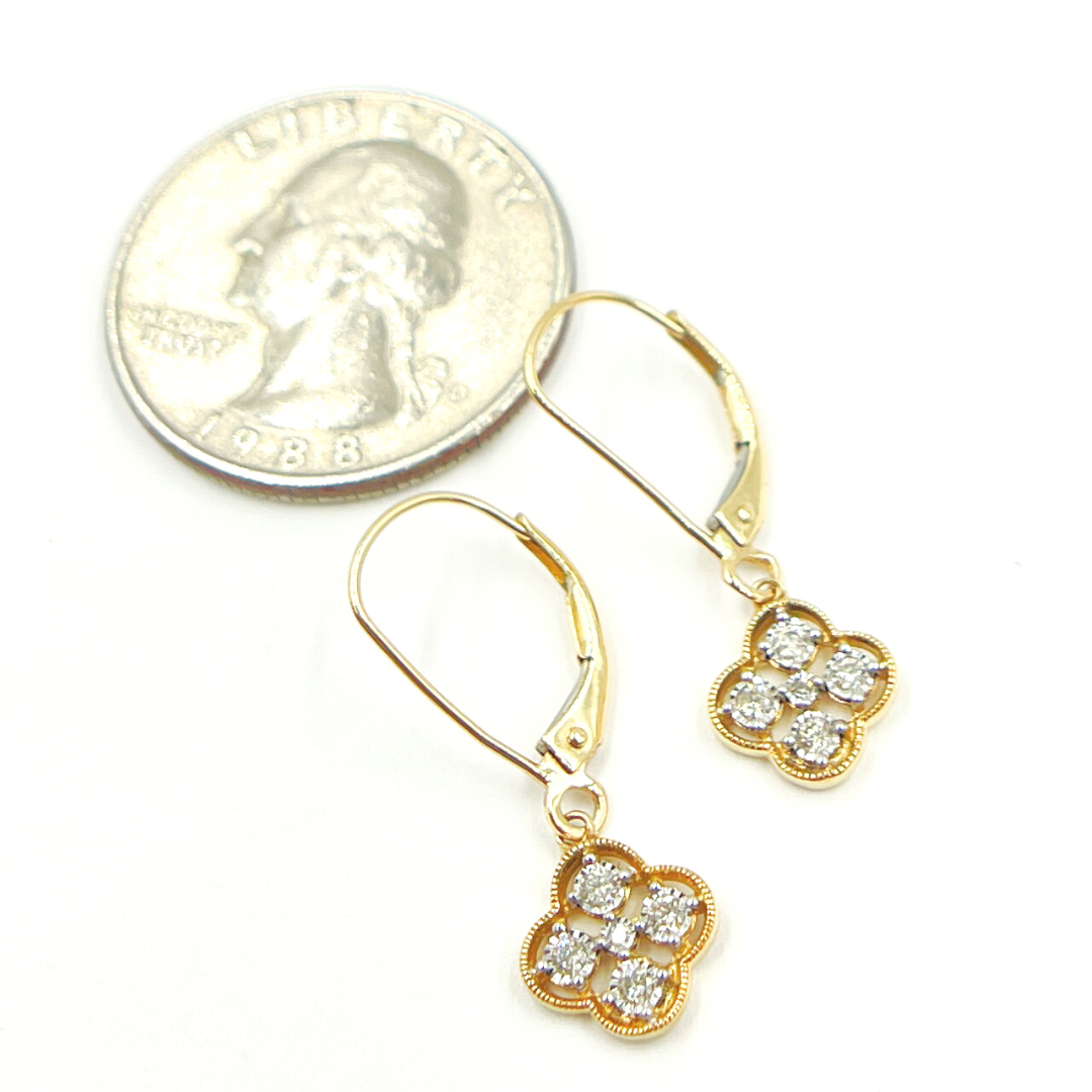 14K Solid Gold and Diamonds Flower Dangle Earrings. GDT63