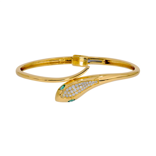 14K Solid Gold Diamond and Emerald Snake Bangle
