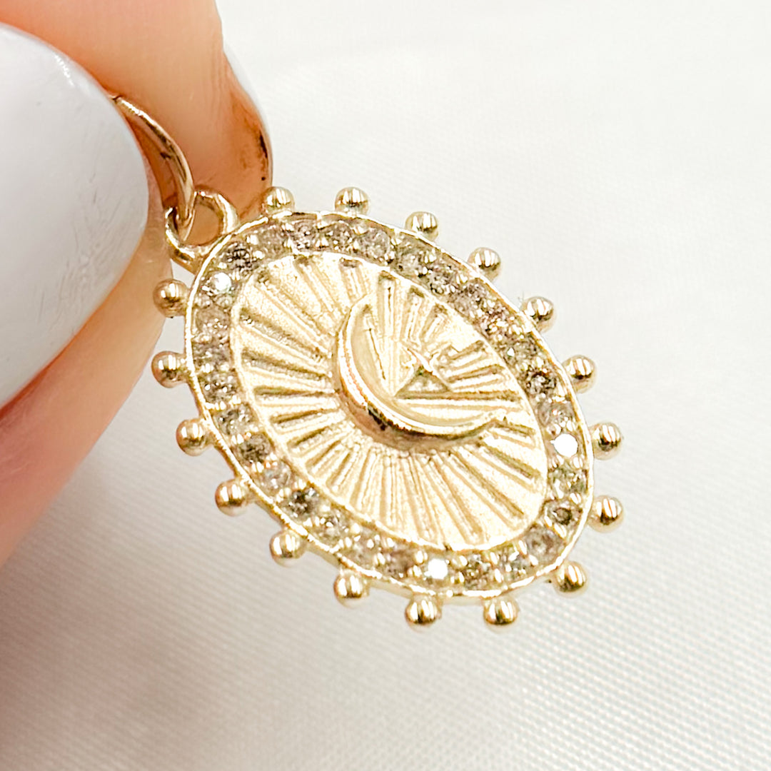 GDP117. 14K Solid Gold Diamond Oval Moon and Star Charm