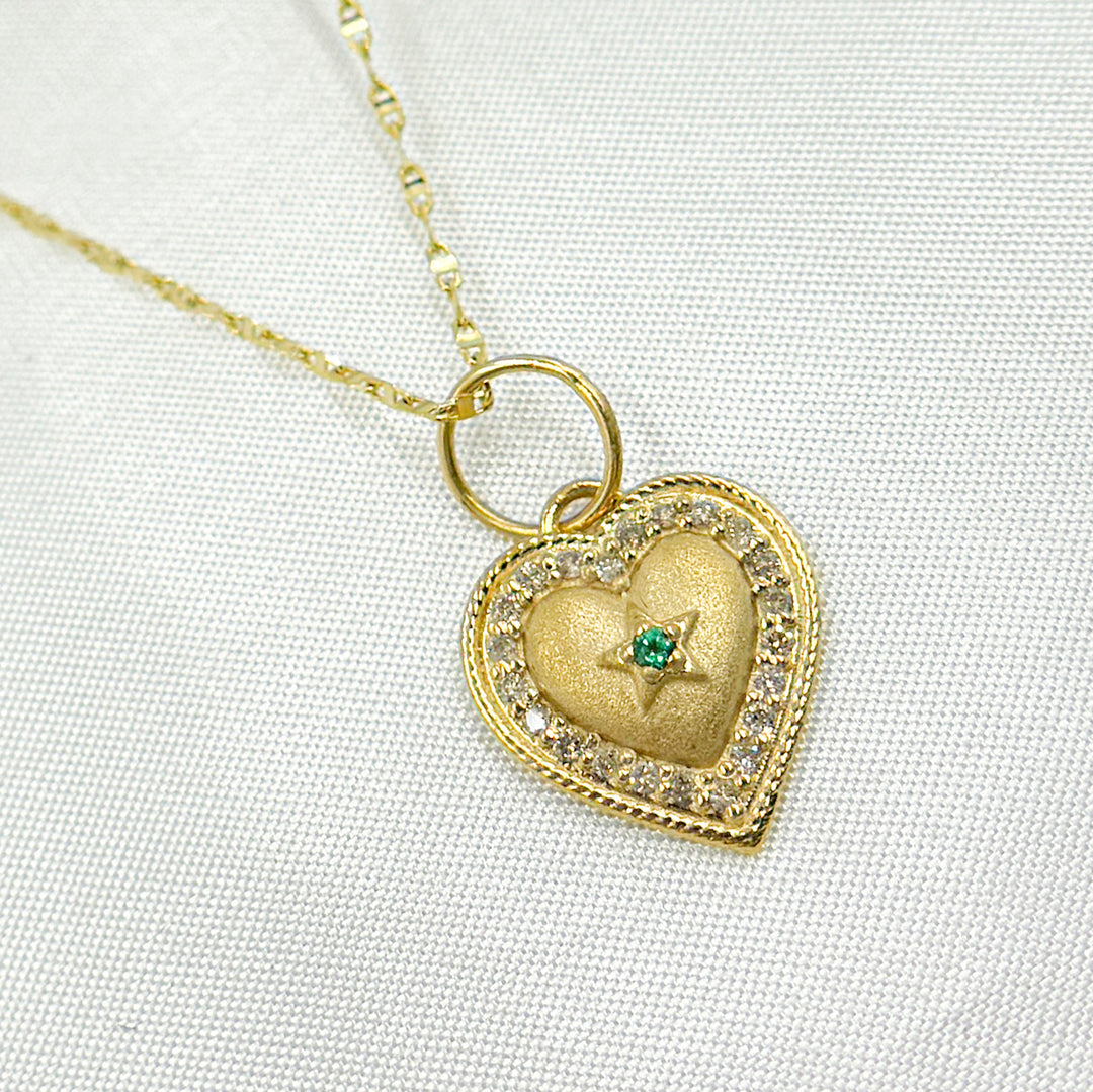 14k Solid Gold Diamond and Emerald Heart Charm.  GDP627