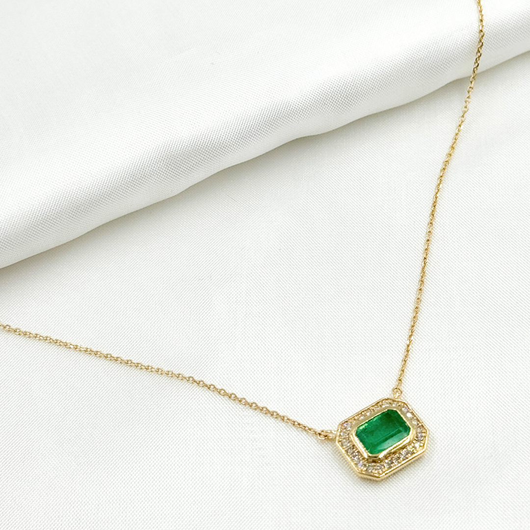 14k Solid Gold Emerald and Diamond Rectangle Necklace. NFC71412EM