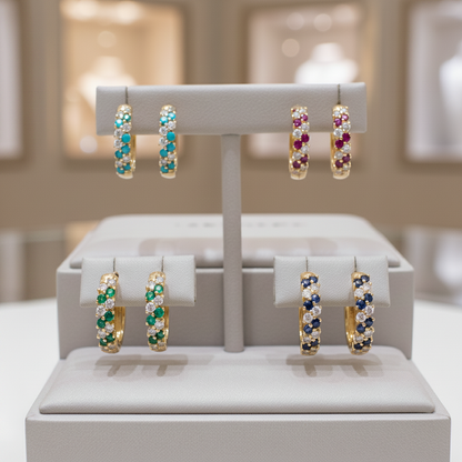 EHE56872. 14K Solid Gold Diamonds and Turquoise Hoops