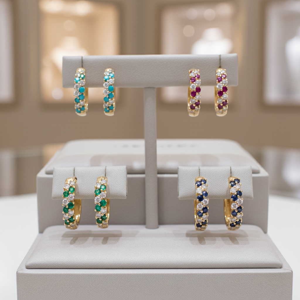 EHE56872. 14K Solid Gold Diamonds and Turquoise Hoops