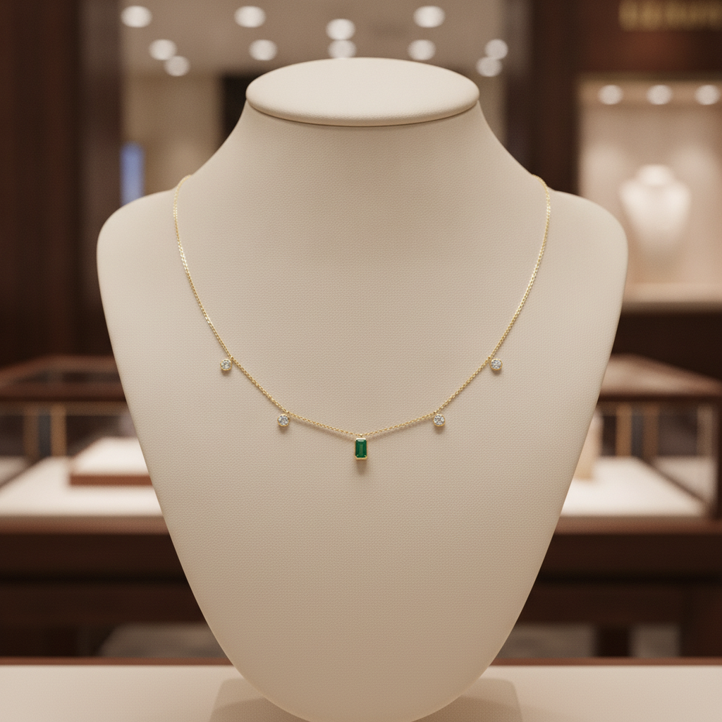 NFL72715EM. 14K Solid Gold Diamond and Emerald Necklace