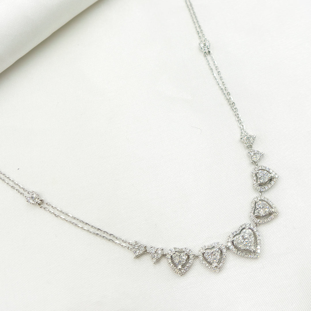 14K Solid White Gold Diamond Hearts Necklace. NK113052