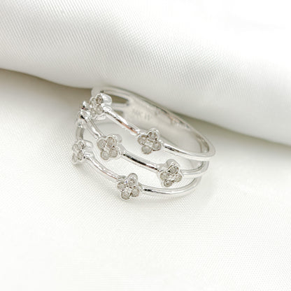 14K Solid White Gold Diamond 3 Row Flower Ring.