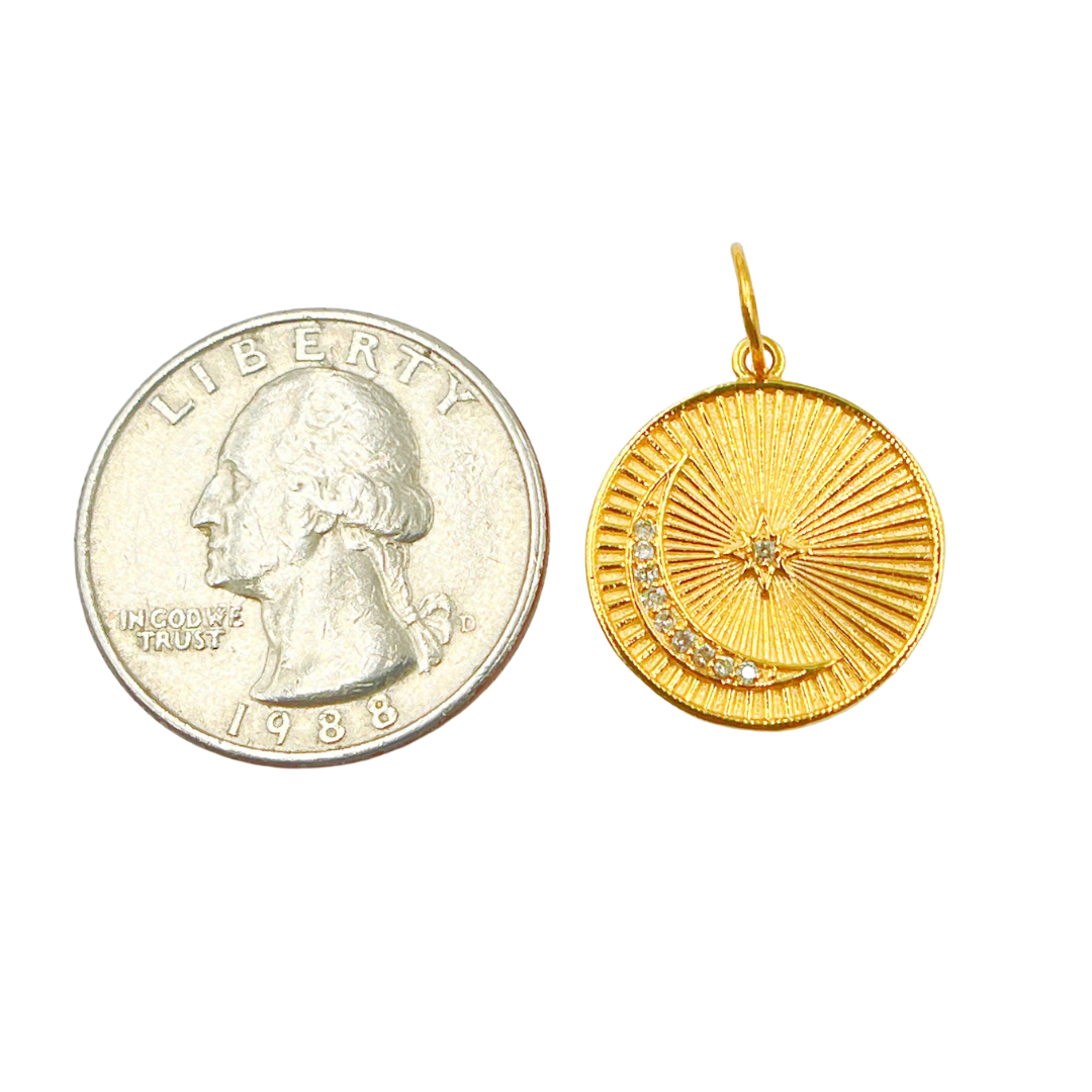 14K Solid Gold with Diamonds Circle Shape Charm with Moon and Star in the Center.  GDP174