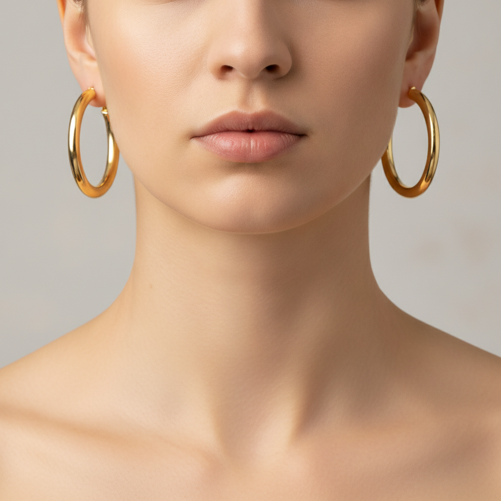 GER163. 14K Solid Gold Hollow Smooth Hoop