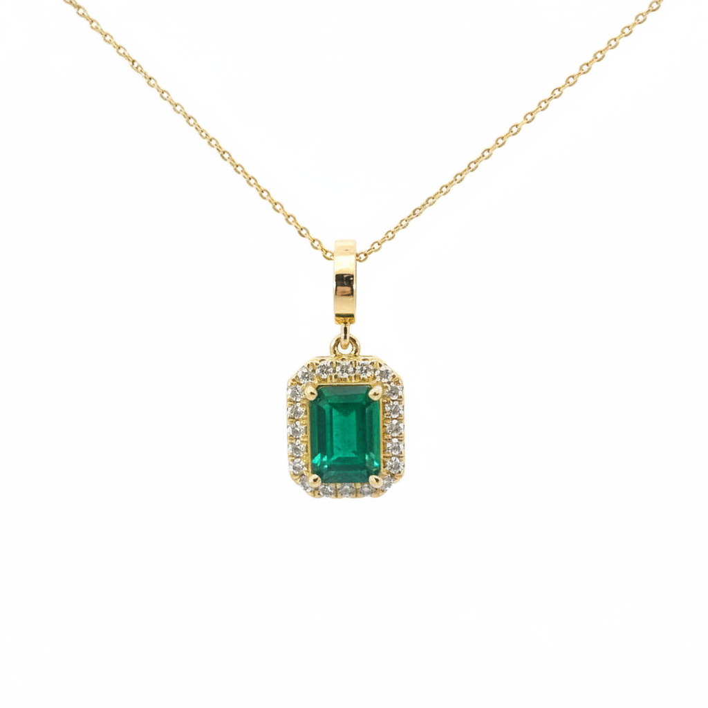 CMC00365EM7X5. 14K Solid Gold Rectangular-Shaped Emerald and Diamond Charm