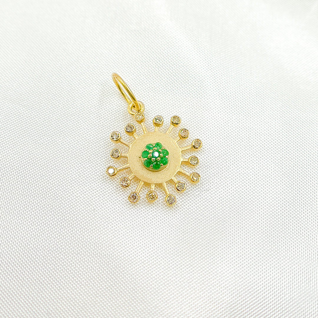 14k Solid Gold Diamond and Emerald Sun Charm. GDP647