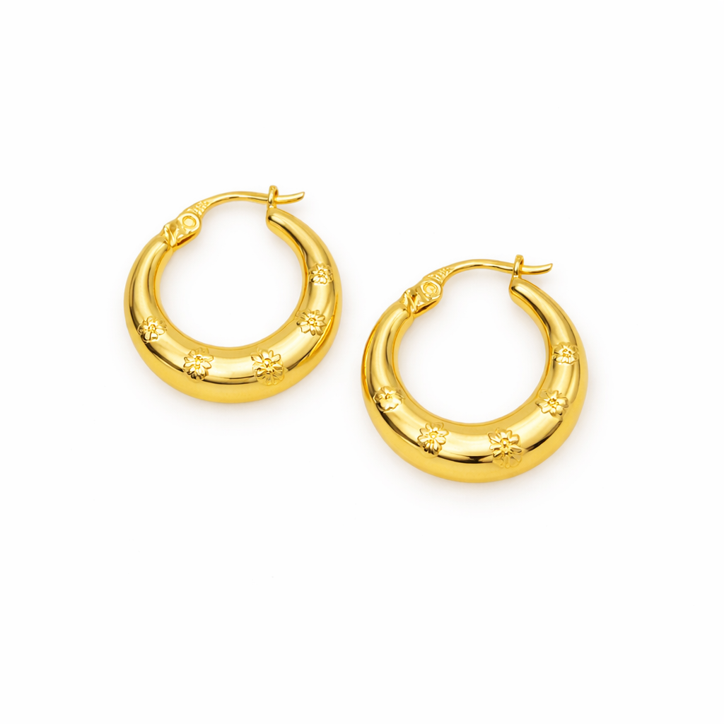 GER147. 14K Gold Chunky Flower Engraved Hollow Hoop