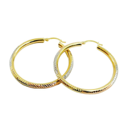 GER66. 14K Gold Tri-Color Hoop Earrings with Engraved Tornado Design