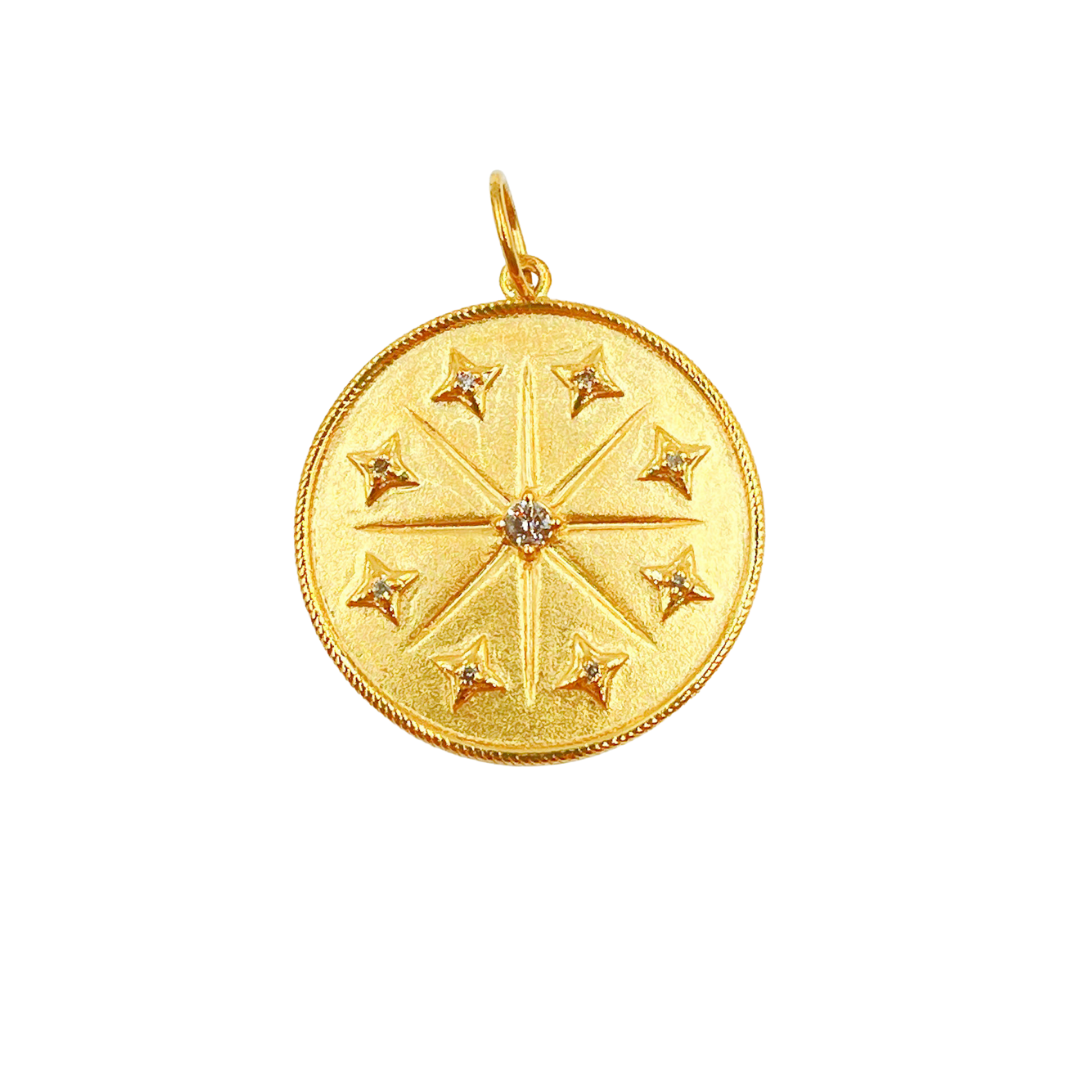 14K Solid Gold Diamond Circle Charm with Stars. GDP158