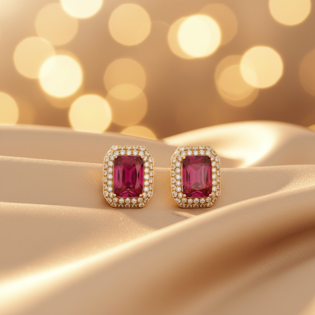 CE97162RU7X5. 14K Solid Gold Diamonds and Ruby Rectangular Stud Earrings