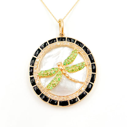 14K Gold Dragon-fly Round Pendant