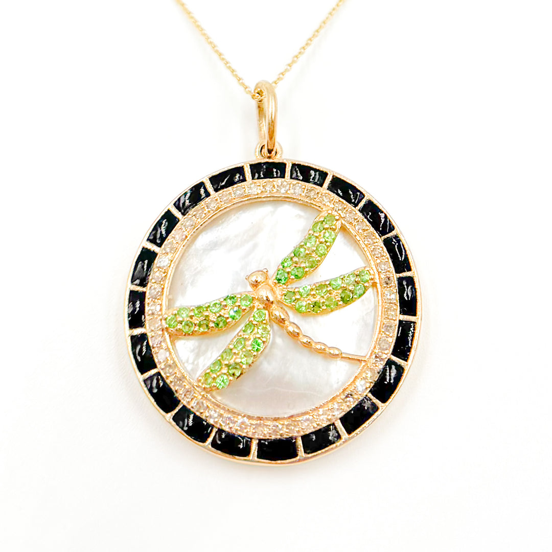 14K Gold Dragon-fly Round Pendant