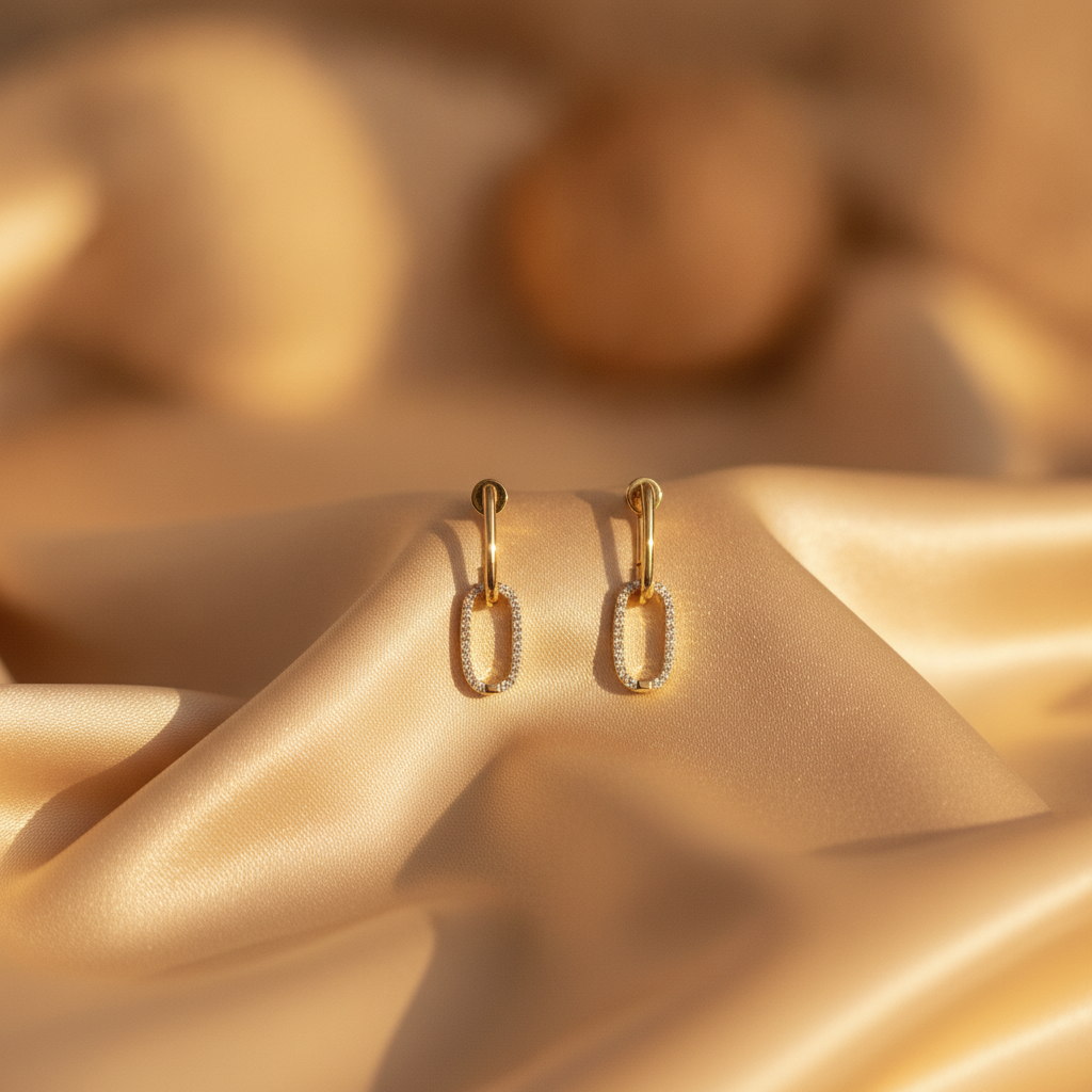 GER170. 14K Solid Gold Diamond Dangle Ovals Earrings