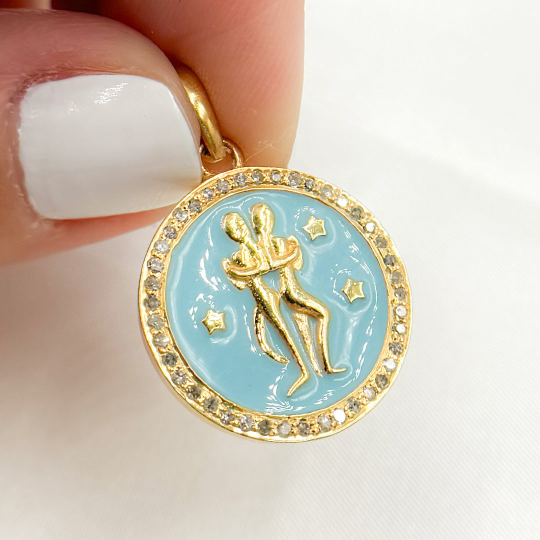 DP610A. Diamond Sterling Silver Round Gemini Zodiac Enamel Pendant