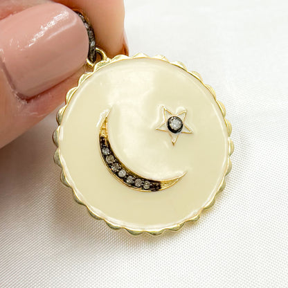 Silver Round Moon and Star Enamel Pendant