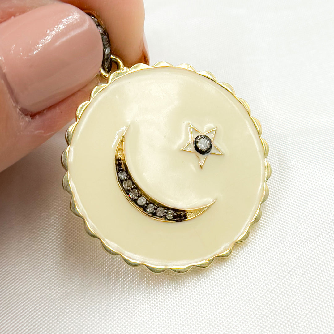 DP747A. Diamond Sterling Silver Round Moon and Star Enamel Pendant